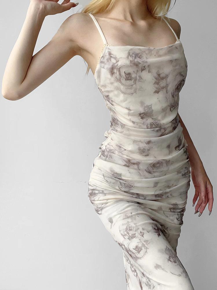 New Summer Retro Style Rose Mesh Suspender Long Dress with Split Ends and Sexy Slim Hip Skirt Female Tide