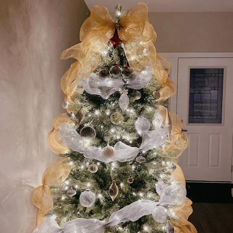 Frohe Weihnachten Dekoration Band Weihnachtsbaumschmuck Netz Tüll Rolle Stoff Anhänger für Zuhause Weihnachtsgeschenke Neujahr 2026 Deko