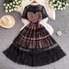 Runway Summer Holiday Sundress Black Lace Tulle Wedding Prom Sequins Dress Women Short Sleeve Flower Embroidery Dresses