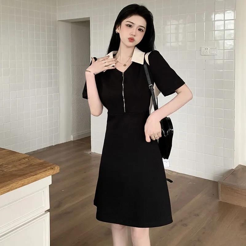 Summer New Large Size Polo Collar Niche Design Sense Contrasting Color Waist Fat Mm Catties Meat Cover Thin Dress