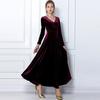 Women Evening Dress Golden Velvet V Neck Pleated A-line Pure Color Long Sleeves Full