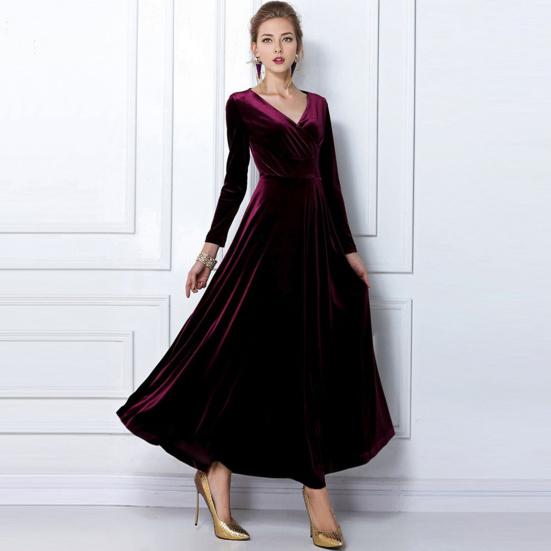 Women Evening Dress Golden Velvet V Neck Pleated A-line Pure Color Long Sleeves Full