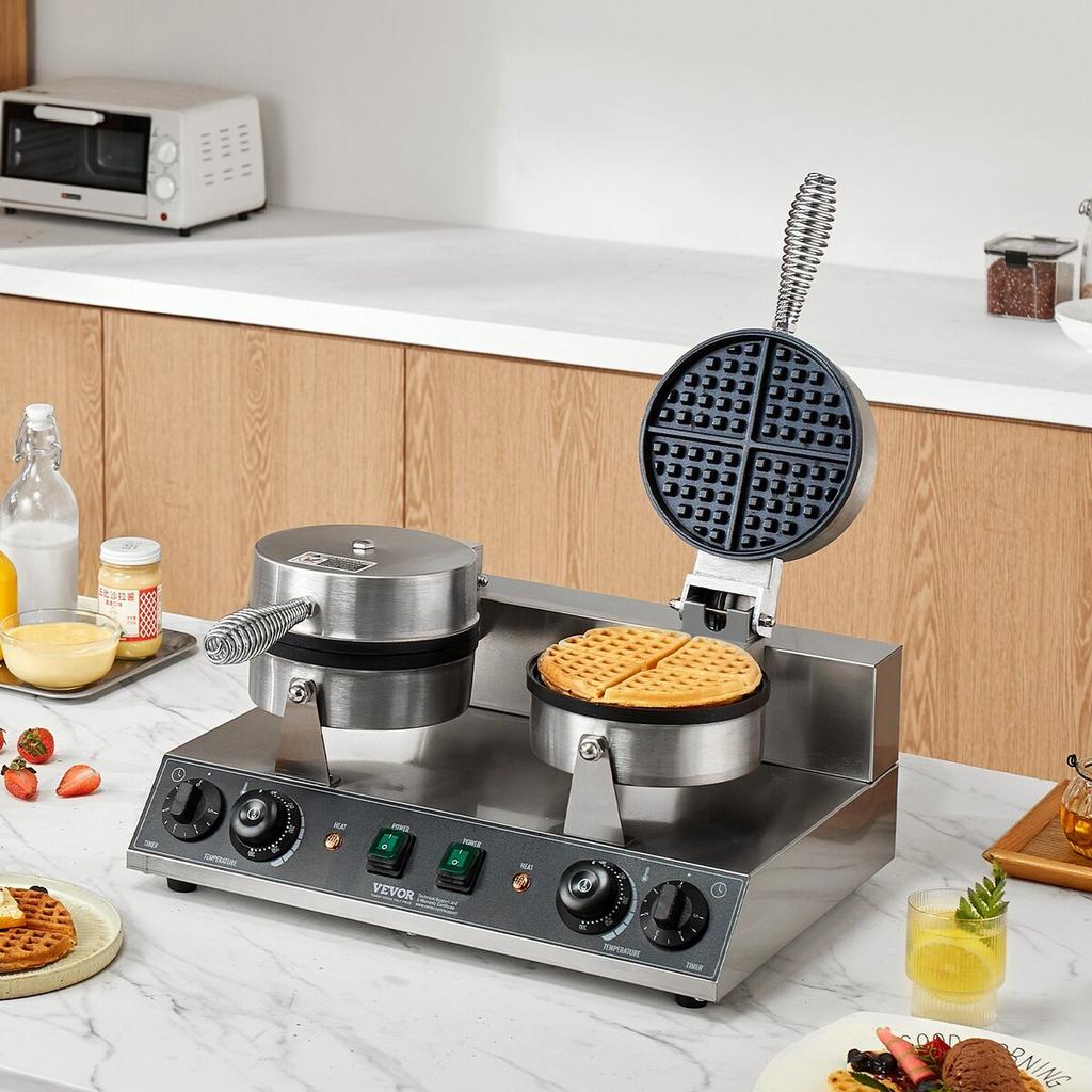 Commercial Waffle Maker Dual-Head Round Waffle Iron 2460W Non-Stick