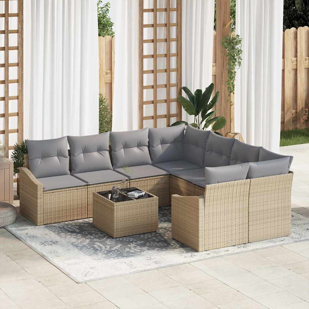 9 Piece Sofa Set with Cushions in Beige and Light Grey Poly Rattan