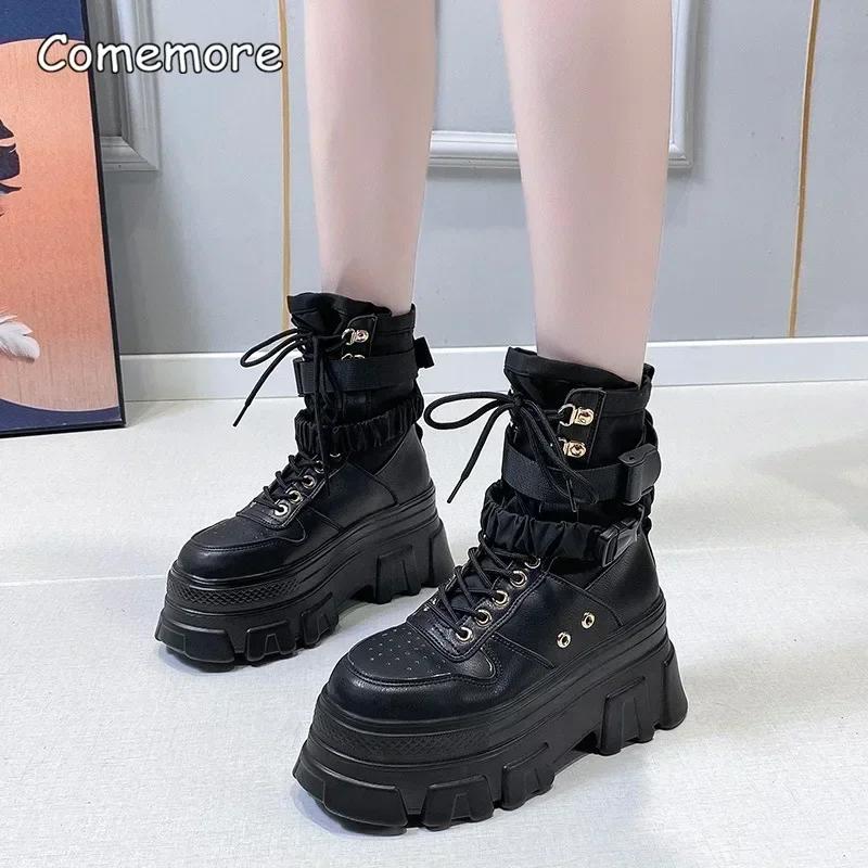 Neue Mode Damen Frühling Herbst Gothic Schuhe Frau Dicke Sohle Schnürstiefel Knöchel Punk Klobige Plateau Motorradstiefel Botas Mujer
