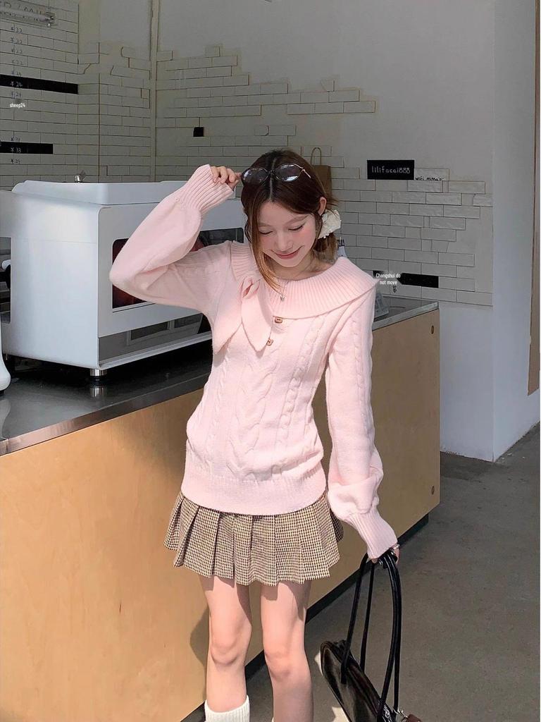 Women's Slim Fit Pink Cable Knit Sweater with Irregular Hem and Lantern Sleeves - Autumn & Winter Layering Top.