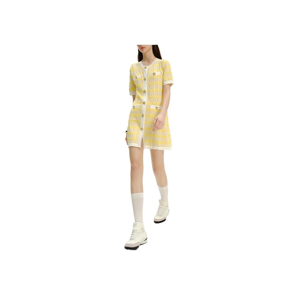 Karl Lagerfeld Fashionable Waist-Defined Color-Blocked Button-Detail Short Sleeve Mini Dress Women Dresses Yellow E41W1308