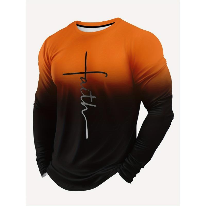 Autumn Round Neck Color Block 'Faith' Graphic 3D Printed T-shirts Fashionable Casual Long Sleeved Men's T-shirts
