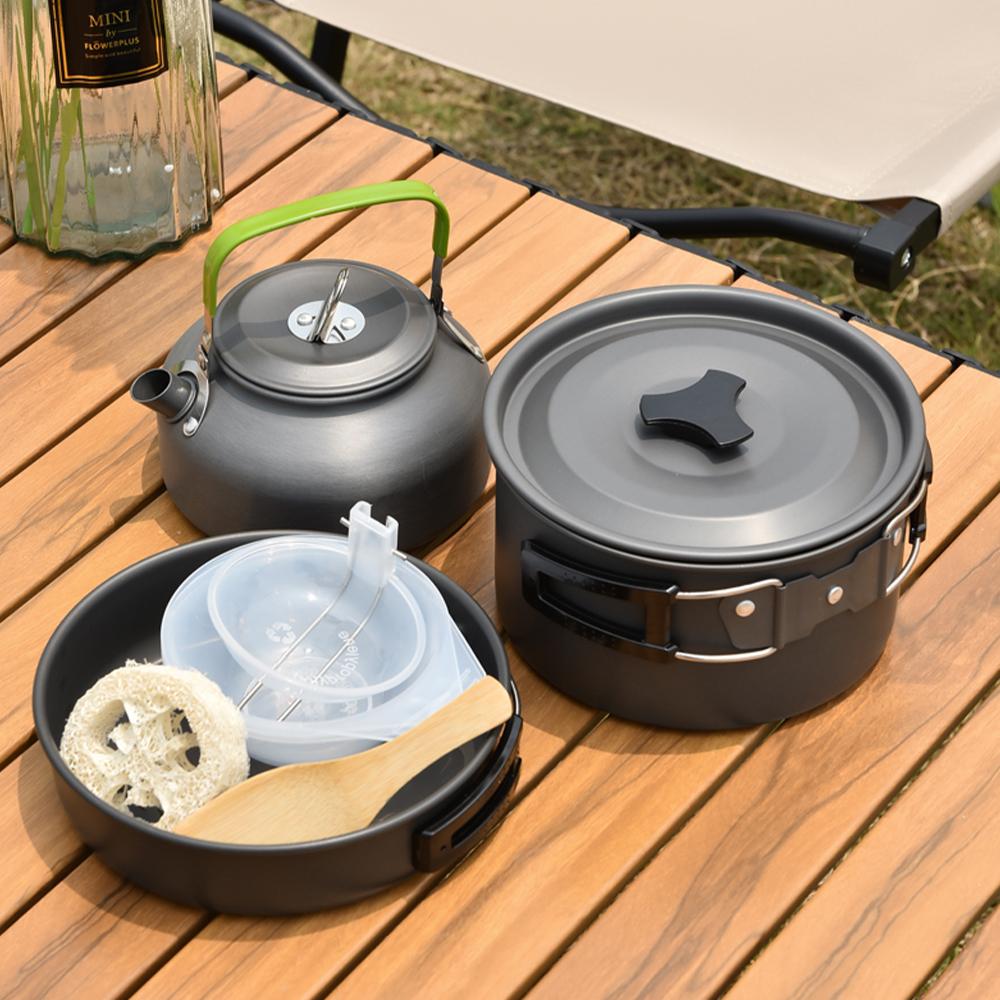 15Pcs Hard Anodized Camping Cookware Set for 4-5 People, Portable Outdoor Combo Kit with Pot, Frying Pan, 1.2L Kettle & Tableware, Black Handles