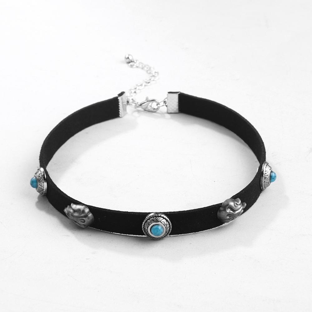 JMXD-Vintage Necklace Metal Flame Stone Velvet Turquoise Necklace, Bohemian Necklace