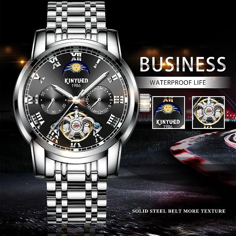 Buy KINYUED Tourbillon Moon Phase Waterproof Men Full Steel Perpetual