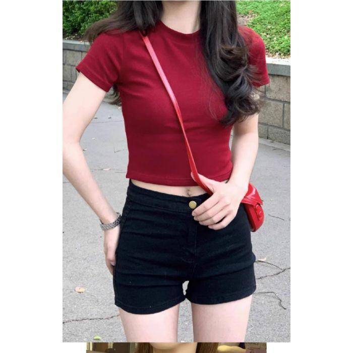 

Cotton short short-sleeved T-shirt women s summer pure desire style sexy hottie slim-fitting niche student top s (recommended within 50kg ) красный