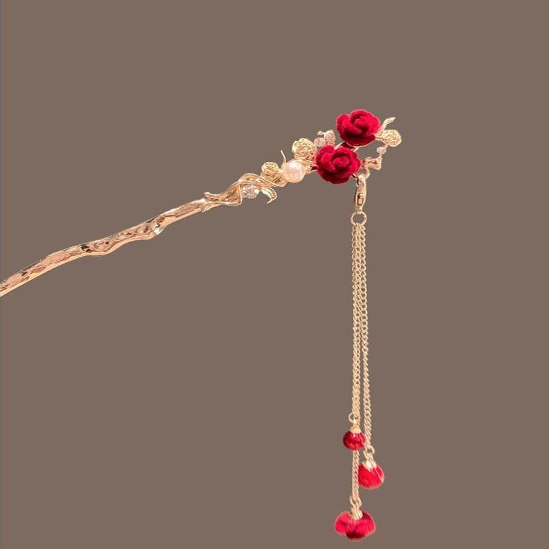 Retro Roter Haarstab Chinesischer Stil Hanfu Quaste Frauen Blumen Essstäbchen Legierung Haarnadel Frau Schmuck Haarspange Accessoires