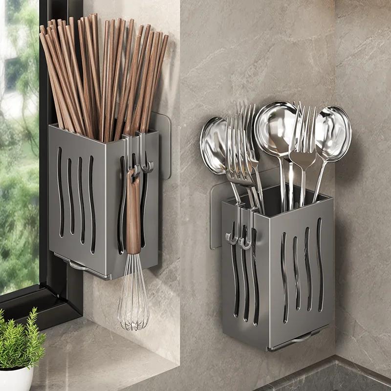 Kitchen Utensil Rack-Multifunctional Draining Chopstick Holder,Wall-Mounted or Freestanding Cutlery Storage Box, Plastic