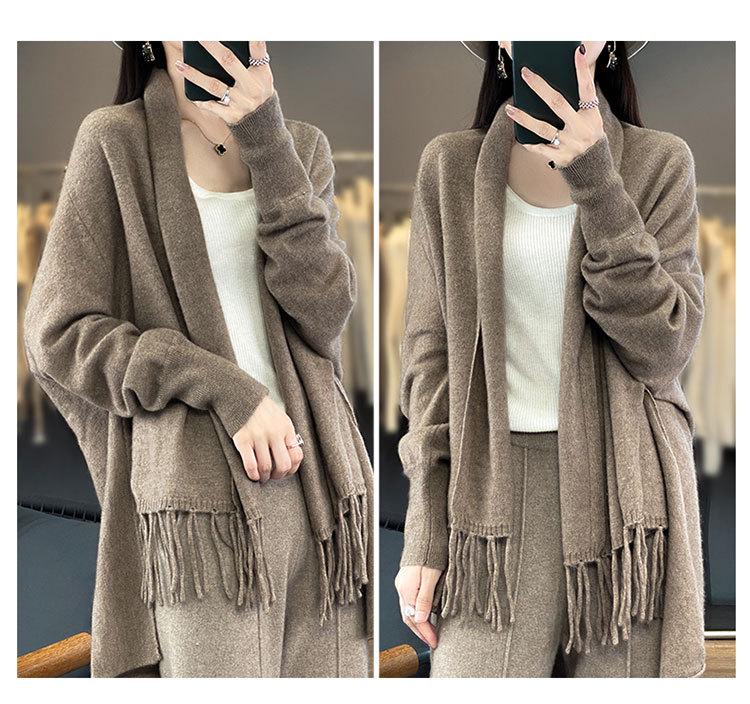Casual Versatile Women's Pure Wool Tassel Knit Shawl Cardigan for Spring & Autumn