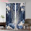 2PCS Digital Printed Curtains, Blue White Rose Floral Elegant Classic, Rod Pocket Window Drapes for Living Room Bedroom Decor