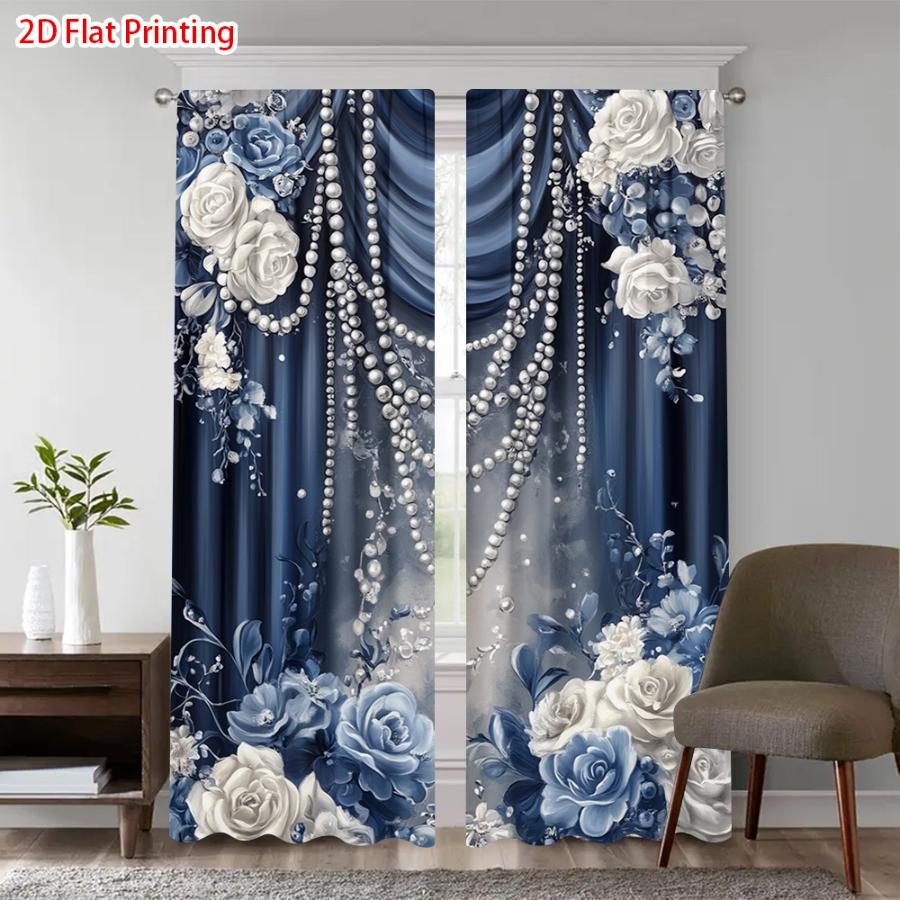 2PCS Digital Printed Curtains, Blue White Rose Floral Elegant Classic, Rod Pocket Window Drapes for Living Room Bedroom Decor