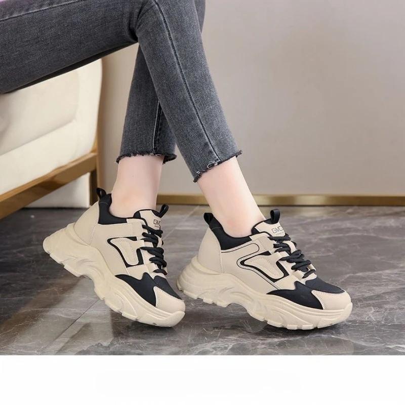 Fashionable New Comfortable Women's Shoes Spring and Autumn Lace Up Elegant Mesh Breathable Thick Soled Sports and Leisure Shoes
