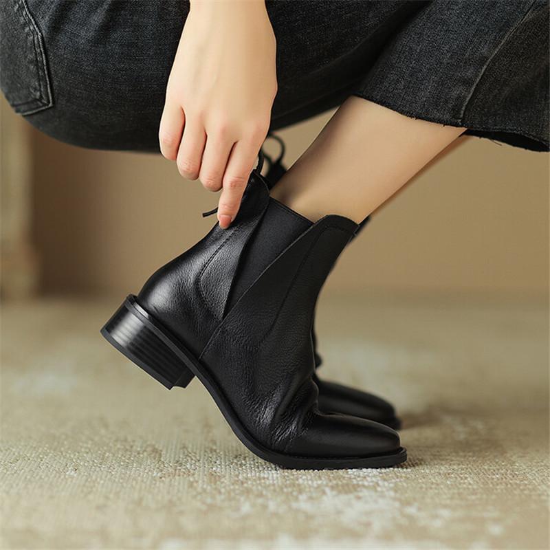 Modă Piele Naturală Cizme Scurte Toamnă/Iarnă Pantofi Femei Vârf Rotund Toc Gros Cizme pentru Femei Modă Retro Cizme Glezna Lucrate Manual