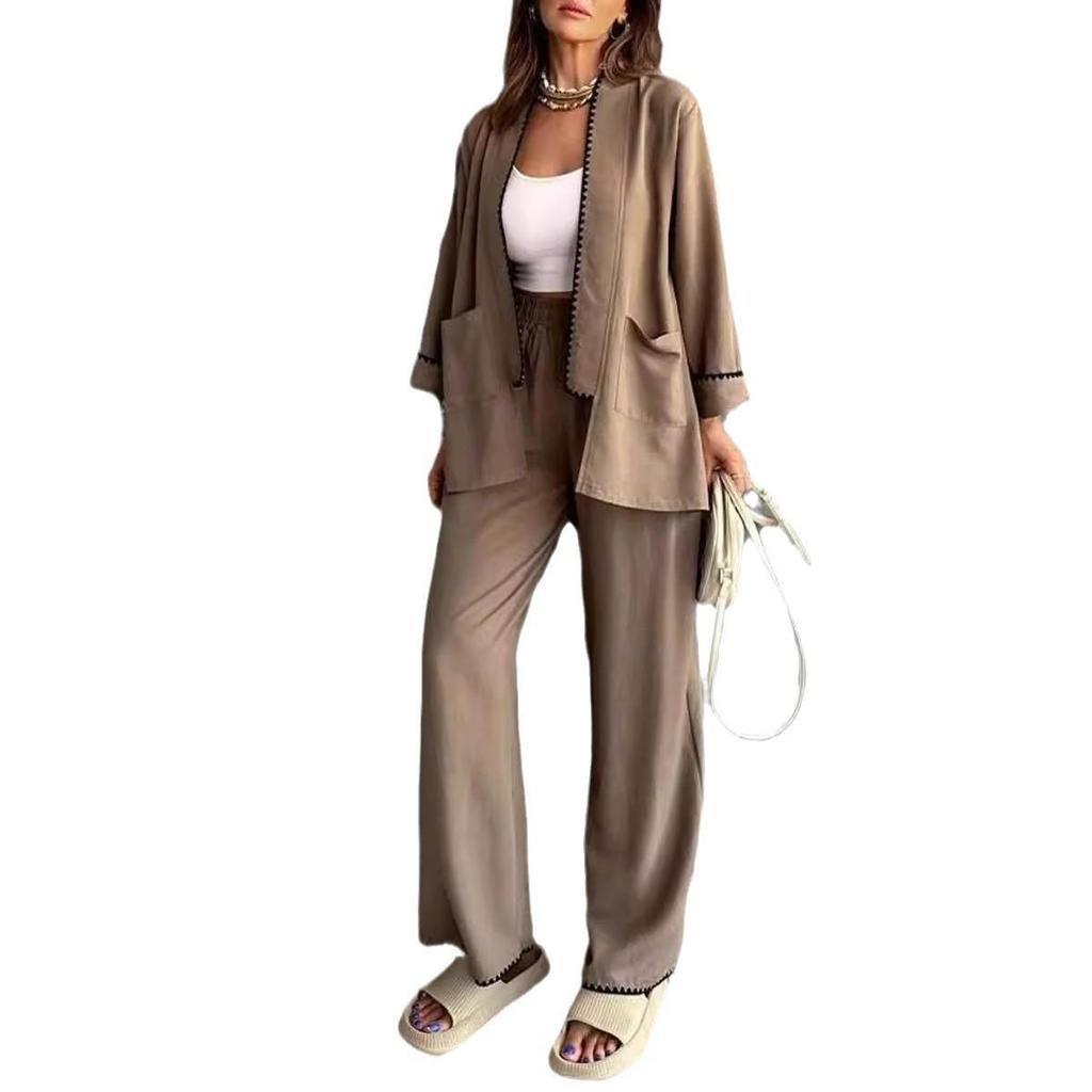 2024 Women's European & American Stylish Two-Piece Set: Loose Cardigan with Trimmed Nine-Sleeves and Wide-Leg Long Pants.