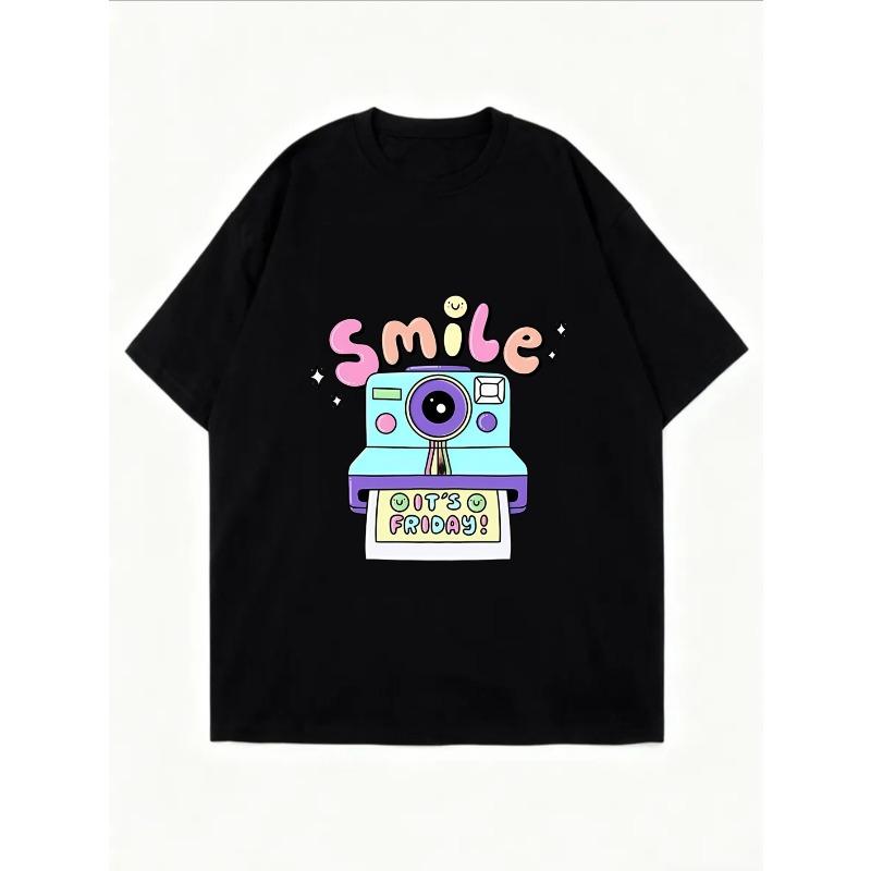 Crewneck T Shirt White Smile Camera It S Friday Graphic Print Casual Wear For Women And Girls Summer Outfit Streetwear Fashion Trendy Top