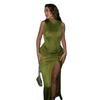 Euro-American Women's Solid Sleeveless Midi Dress 2023 - Elegant Slim Fit, Sexy Slit Design for Spring/Summer