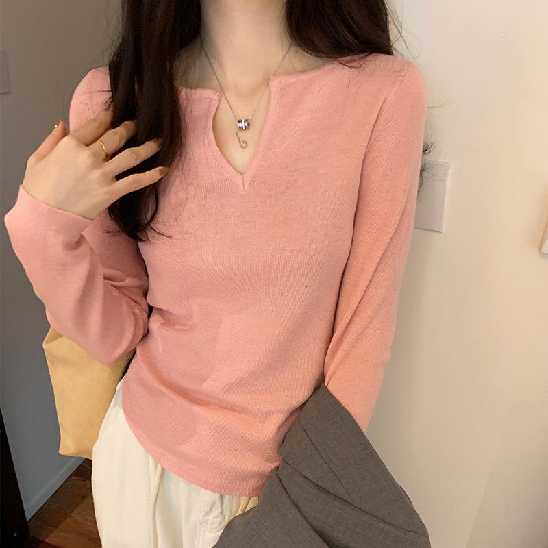 Lazy Style V-neck Pullover Long-sleeved Sweater for Women Autumn and Winter New Slim Fit Inner T-shirt Bottoming Shirt Trendy