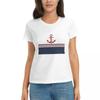 Women TShirt Nautical Navy Blue And White Stripes With A Red Anchor Short Sleeve Tees Crew Neck Cotton T Shirts Clothes Tops