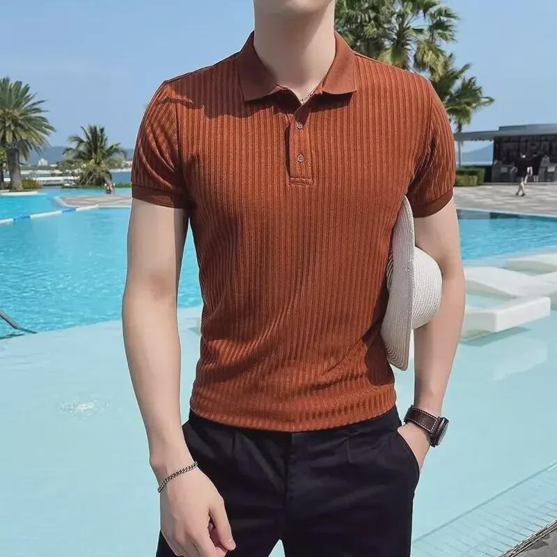 2024 Summer Striped Ice Silk Short-Sleeve Polo for Men - Breathable & Versatile
