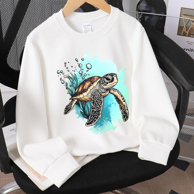 Kids Crewneck Sweatshirt, Sea Turtle with Bubbles & Seaweed Print