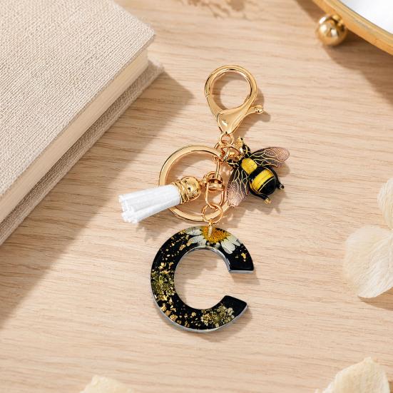 Dried Flower Letter Charm Bee Keychain Pendant Resin Black 1 Pc