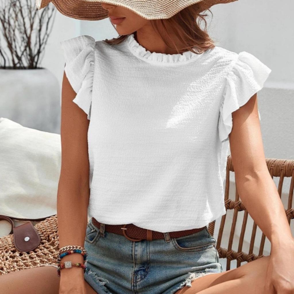 Lässiges Rüschenhemd Süßer Rundhalsausschnitt Damenblusen & -hemden