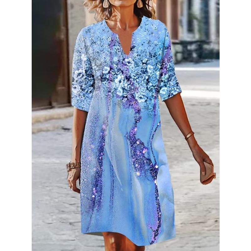 QICED Fashion Summer Spring 1/2 Sleeves V-Neck Casual Dresses