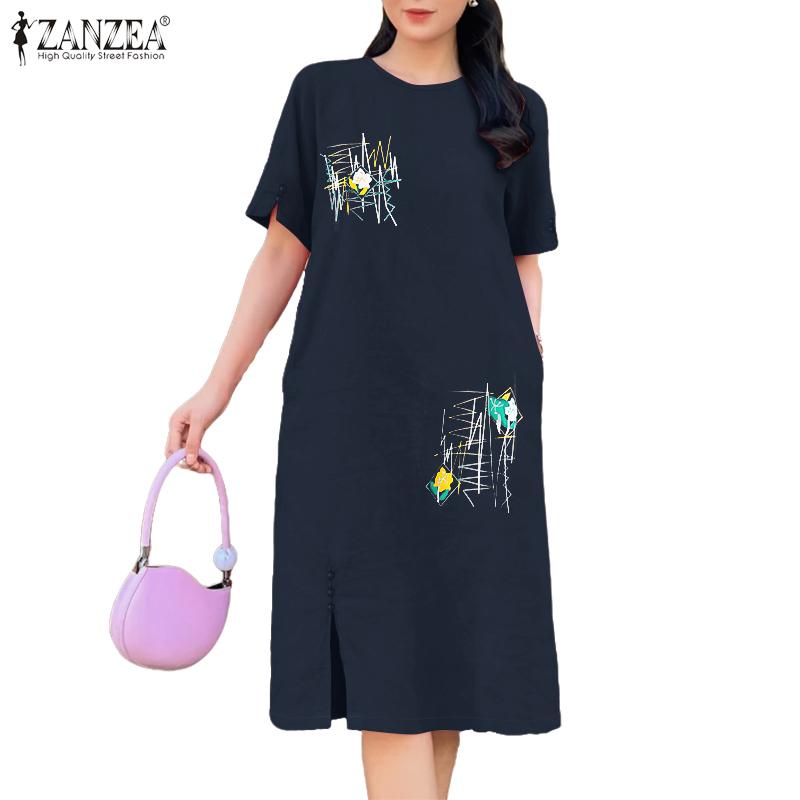 ZANZEA Women Summer Round Neck Casual Short Sleeve Print Dress
