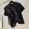 Sommerurlaub O-Ausschnitt Tops Frauen gekräuselte Nähte Bluse Mode Kurzarm Tuniken Casual Loose Solid Blusa Femme
