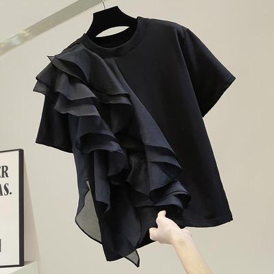 Blusa feminina com decote em O e babados, blusa feminina com costura, manga curta, casual, solta, sólida, blusa feminina