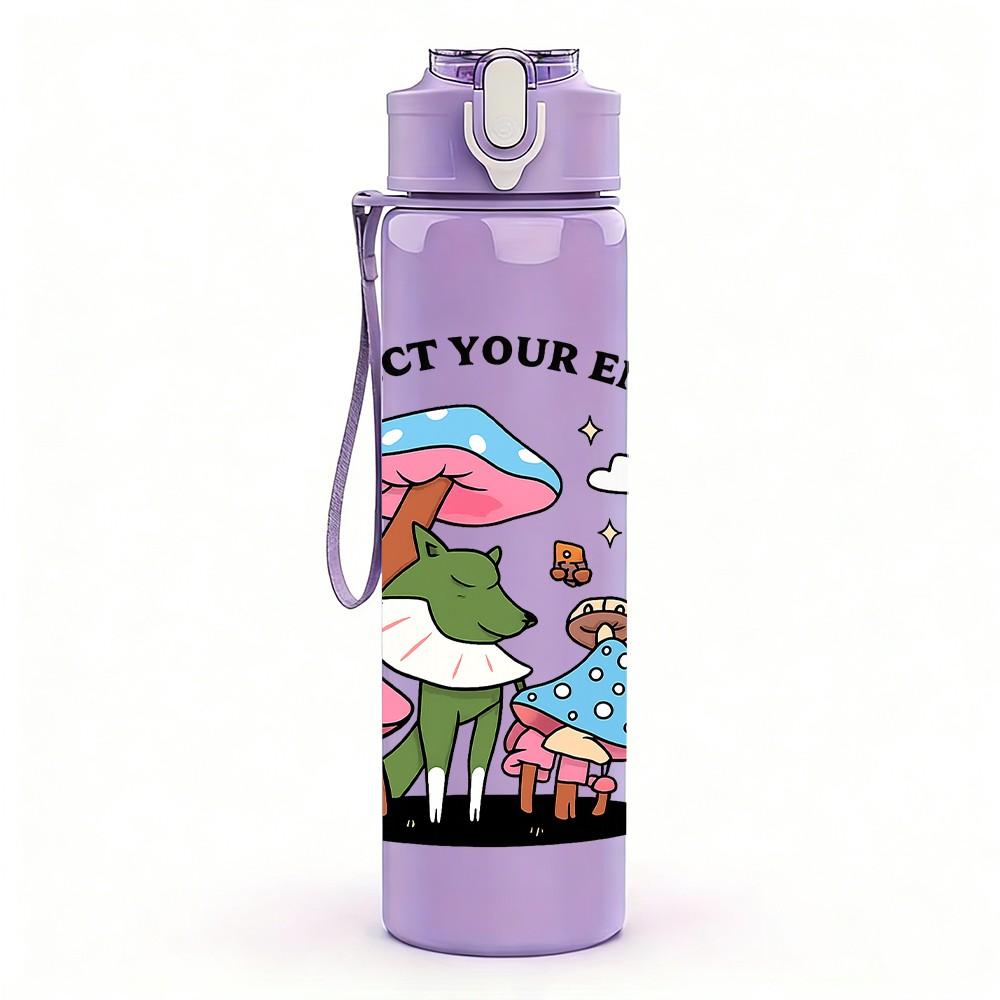 1PC Mushroom Elf Cartoon Print 750ml Color Plastic Sports Water Bottle Leakproof Flip Straw Lid Suitable for Sports Office Home Use
