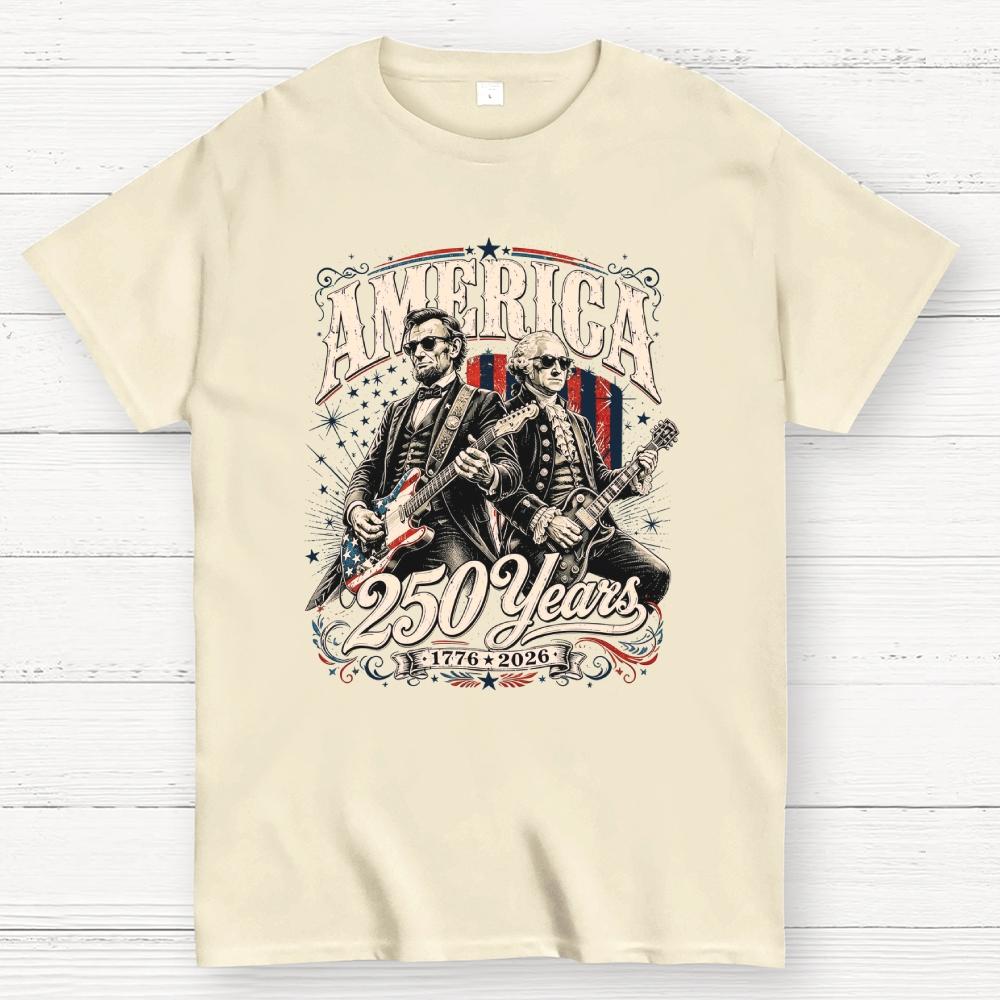 250 Years America Anniversary George Washington & Lincoln Playing Guitar Funny 4th of July Cotton Casual Cool Loose T-Shirt
