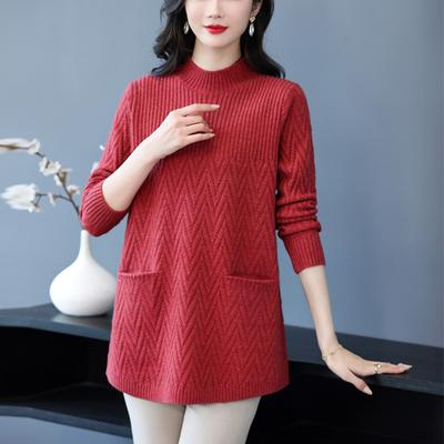 Women Long Thickened Sweater Autumn Winter Loose Middle-aged and Elderly Half-high Neck Padded Bottoming Mother Fashion Shirt Tops