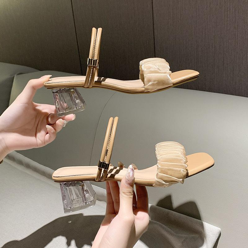 Fairy style thick heel sandals 2025 fashion women's summer women's crystal slippers new pearl high heel slippers outer wear