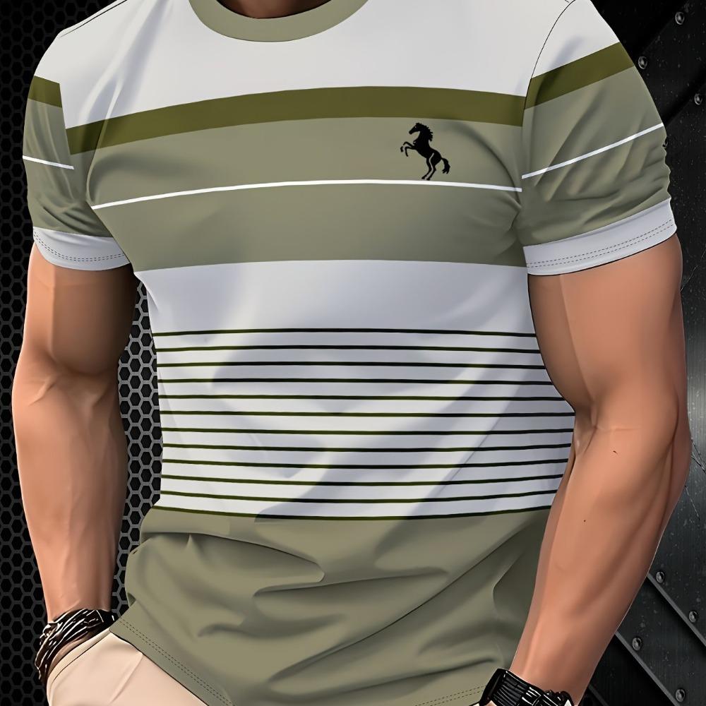 Men's Fashion Striped Patchwork 3D Print Short Sleeve - Casual Round-neck Stripes Design, Machine Washable, Suitable for All Seasons and Versatile