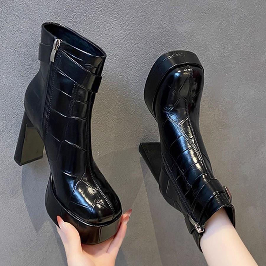 Skinny Stiefel Herbst und Winter Damen Martin Stiefel dicker Absatz klein 2025 neue Mode wasserdicht Tisch hoher Absatz keine müden Füße kurze Stiefel