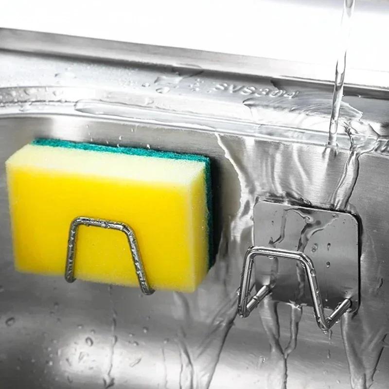 1 pc Stainless Steel Self Adhesive Sponge Holder for Sink Drain,Sponges Racks Shelf Kitchen Storage with Wall Hooks  Organizer