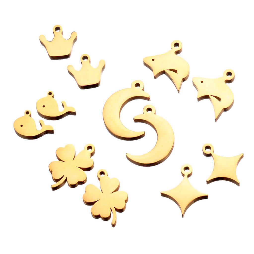 6pcs/lot Stainless Steel Polished Clover Crown Moon&Star Dolphin Charm for DIY Women Necklace Bracelet Jewelry Making