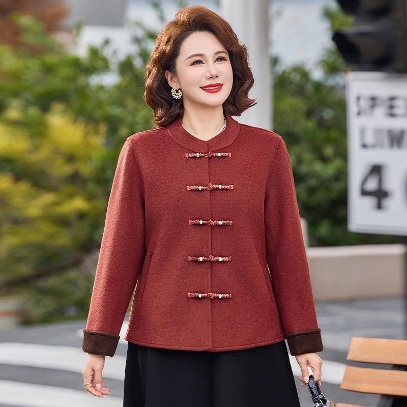 Stylish Chinese Retro Woolen Coat for Middle-Aged and Elderly Women (40-60) - Spring/Autumn National Style