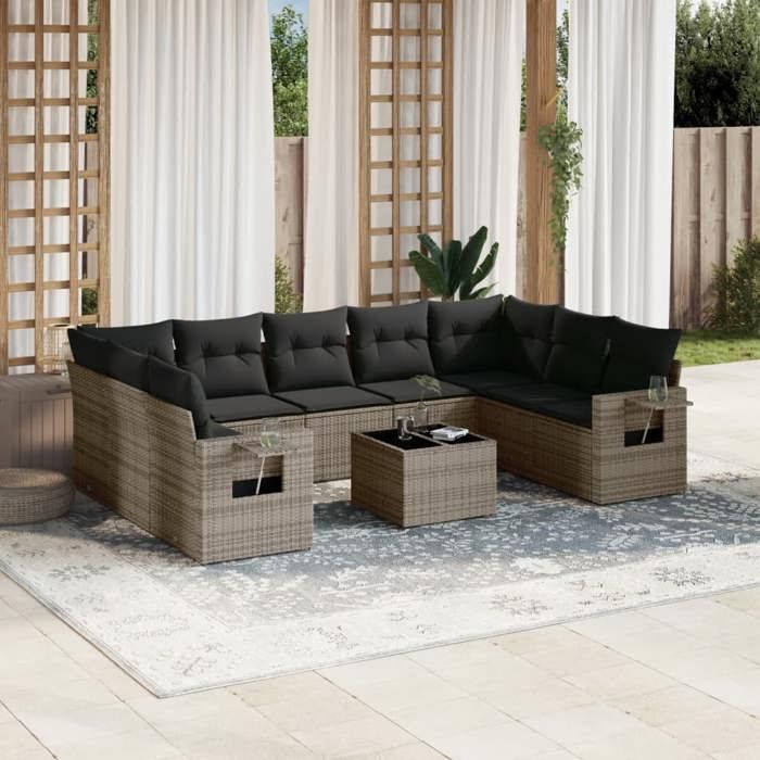 VidaXL Salon de Jardin avec Coussins 10 pcs, Canapés de Terrasse, Ensemble de Meubles de Patio, Mobilier d'Extérieur, Gris 3252947