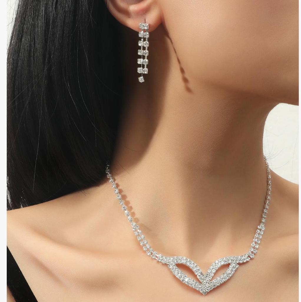 Bridal Jewelry, Luxury Sparkling Diamond Geometric Hollow Necklace Earrings Set, Bridal Diamond Necklace Earrings Two-piece Set