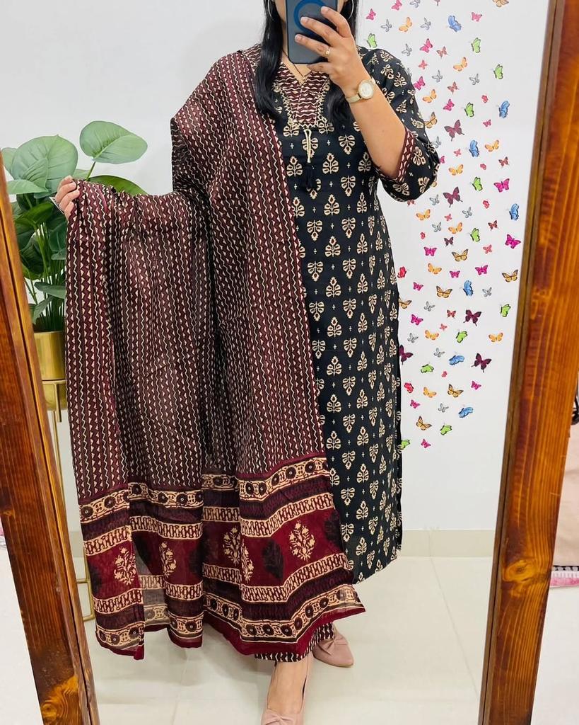 Party Wear Designer Cotton Kurta Pant Dupatta Set Indian Pakistani Top Tunic Kurti Salwar Suit