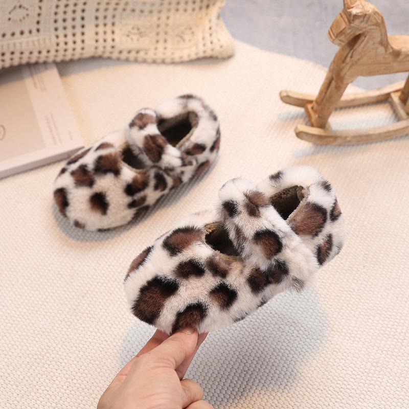 Kids Leopard Print Fuzzy Warm Mary Jane Slip On Shoes 21 белый