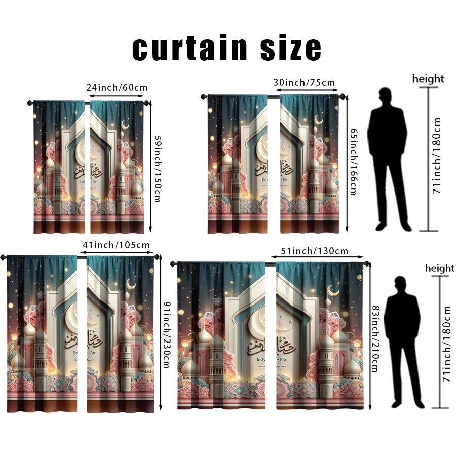 2pcs  Eid al Fitr Theme Traditional Pattern Curtains Islamic Style Living Room Bedroom Drawbar Pocket Window Decoration